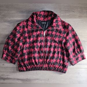 Express Elegant Houndstooth Burgundy Black Cropped Blazer Jacket Size:L